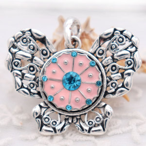 20MM Flower snap Silver Plated with blue Rhinestone and pink enamel  snaps jewelry