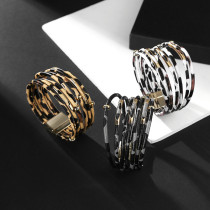 Creative multi Circle Bracelet leopard pattern multi-layer Beaded magnetic buckle leather bracelet
