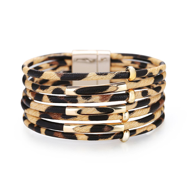 Creative multi Circle Bracelet leopard pattern multi-layer Beaded magnetic buckle leather bracelet