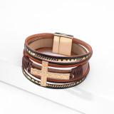 Multi layer Bracelet lovers' hand decoration ethnic style cross embossed leather magnetic clasp Bracelet