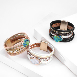 Multi layer leather braid with diamond accessories and magnetic clasp Bracelet
