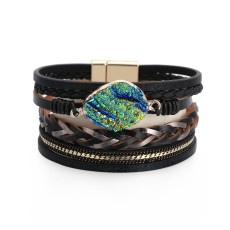 Multi layer leather braid with diamond accessories and magnetic clasp Bracelet