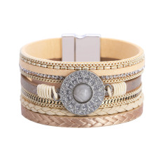Multi layer leather clasp bracelet with diamond crystal bracelet