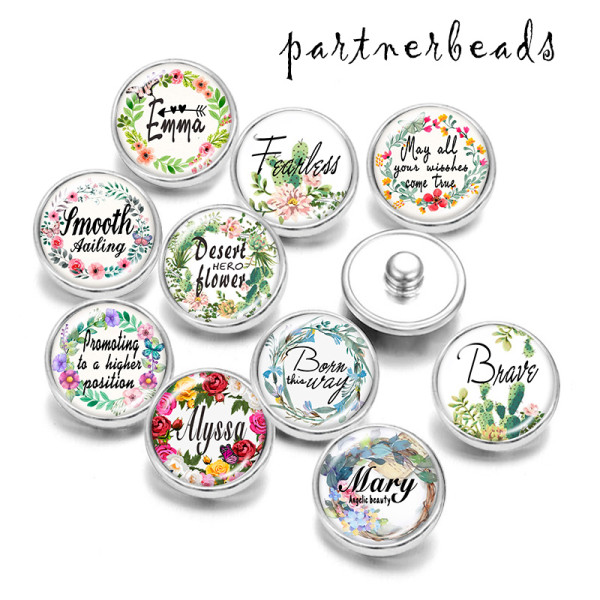 20MM  Flower  words  Print  glass snaps buttons