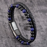 21CM Natural stone volcanic stone leather bracelet Stainless steel leather braided bracelet