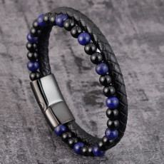 21CM Natural stone volcanic stone leather bracelet Stainless steel leather braided bracelet