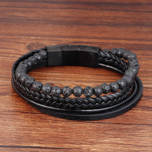 21CM Natural stone volcanic stone leather bracelet Stainless steel leather braided bracelet