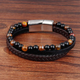 21CM Natural stone volcanic stone leather bracelet Stainless steel leather braided bracelet