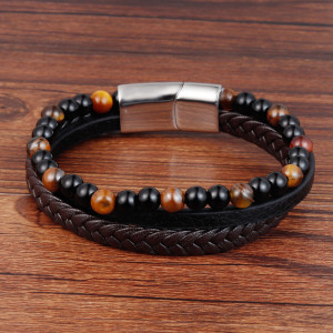 21CM Natural stone volcanic stone leather bracelet Stainless steel leather braided bracelet