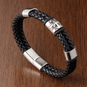 21CM  leather bracelet Stainless steel leather braided bracelet