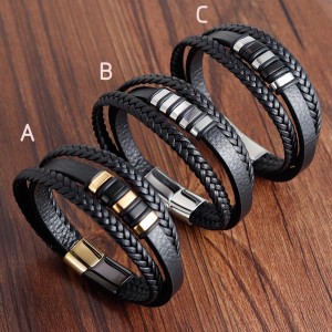21CM  leather bracelet Stainless steel leather braided bracelet