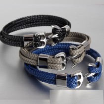 20.5CM  Anchor leather bracelet Stainless steel leather braided bracelet