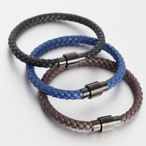 20.5CM leather bracelet Stainless steel leather braided bracelet