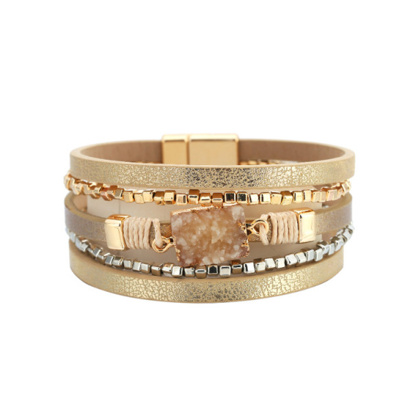 Bohemian multilayer leather crystal stone bracelet, gold and silver symmetrical multilayer all-match leather woven bracelet