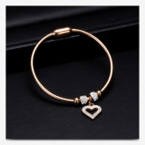 Simple peach heart stainless steel snake chain bracelet with diamond magnet clasp