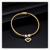 Simple peach heart stainless steel snake chain bracelet with diamond magnet clasp