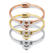 Simple peach heart stainless steel snake chain bracelet with diamond magnet clasp