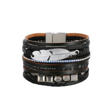 Crystal Feather Accessory Multi-Layer Wide Leather Bracelet
