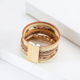 Crystal Feather Accessory Multi-Layer Wide Leather Bracelet