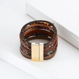 Crystal Feather Accessory Multi-Layer Wide Leather Bracelet