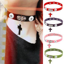 Gothic PU Leather Necklace Clavicle Chain Simple Cross Pendant Necklace Collar  fit two 20MM chunks snaps jewelry