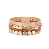 Color matching metal brass tube bracelet ladies personality retro multilayer magnetic buckle leather bracelet
