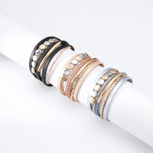 Color matching metal brass tube bracelet ladies personality retro multilayer magnetic buckle leather bracelet