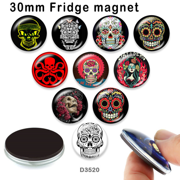 10pcs/lot  skull   glass  picture printing products of various sizes  Fridge magnet cabochon