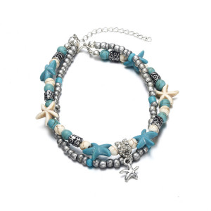 Double Anklet Conch Starfish Wave Rice Bead Yoga Beach Turtle Pendant Anklet Bracelet