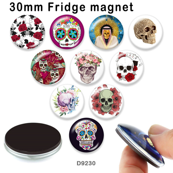 10pcs/lot  Halloween  skull  glass picture printing products of various sizes  Fridge magnet cabochon