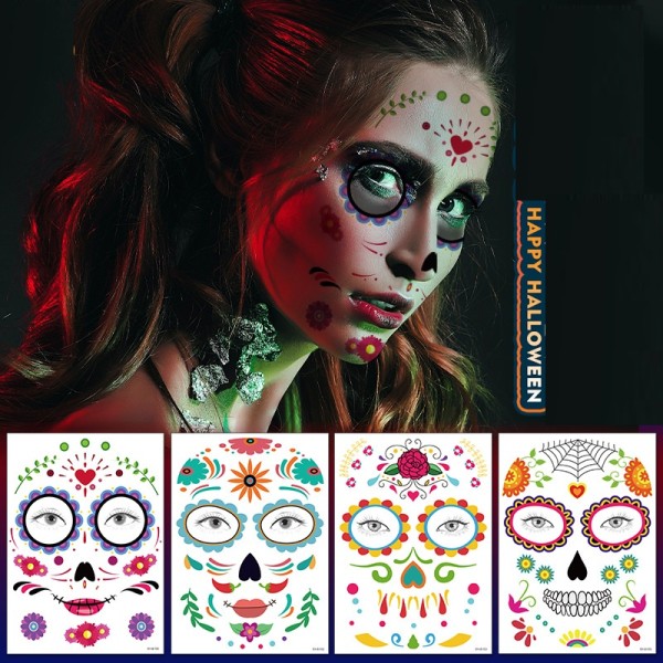 Funny Makeup Temporary Stickers for Day of the Dead Masquerade Halloween Face Tattoo Waterproof Stickers