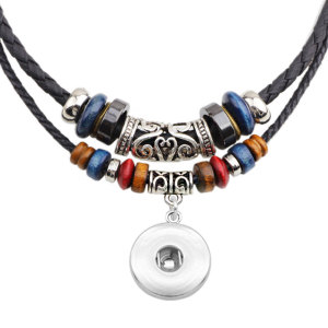 Double beaded necklace, leather cord braided necklace fit 18mm snap chunks