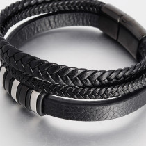 21CM Black leather cord cowhide men's double-layer stainless steel leather braided bracelet