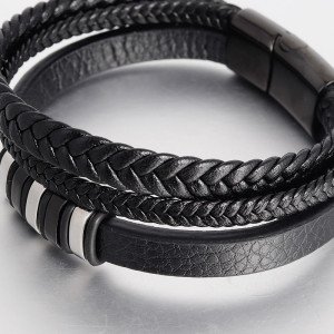 21CM Black leather cord cowhide men's double-layer stainless steel leather braided bracelet