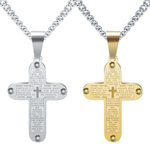 Stainless Steel Cross Engraved Scripture Pendant Necklace