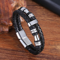 21CM Black leather cord cowhide men's double-layer stainless steel leather braided bracelet