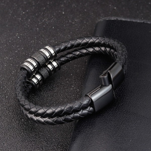 21CM Black leather cord cowhide men's double-layer stainless steel leather braided bracelet