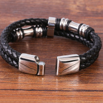21CM Black leather cord cowhide men's double-layer stainless steel leather braided bracelet