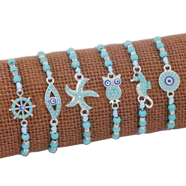 Blue hand-woven bracelet, starfish seahorse owl research rudder pendant, adjustable wax bracelet