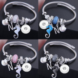 Stainless steel open seahorse shell crystal tassel bracelet fit snaps jewelry