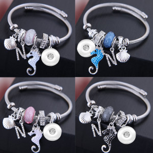 Stainless steel open seahorse shell crystal tassel bracelet fit snaps jewelry