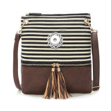 New style handbag canvas stitching PU striped shoulder messenger bag European and American simple tassel trend small square bag fit 18mm snap button jewelry