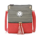 New style handbag canvas stitching PU striped shoulder messenger bag European and American simple tassel trend small square bag fit 18mm snap button jewelry