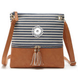 New style handbag canvas stitching PU striped shoulder messenger bag European and American simple tassel trend small square bag fit 18mm snap button jewelry