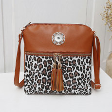 Women's bags hit color leopard print tassel bag ladies shoulder messenger double tassel pendant bag fit 18mm snap button jewelry
