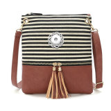 New style handbag canvas stitching PU striped shoulder messenger bag European and American simple tassel trend small square bag fit 18mm snap button jewelry