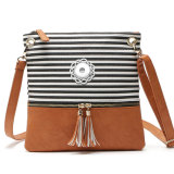 New style handbag canvas stitching PU striped shoulder messenger bag European and American simple tassel trend small square bag fit 18mm snap button jewelry