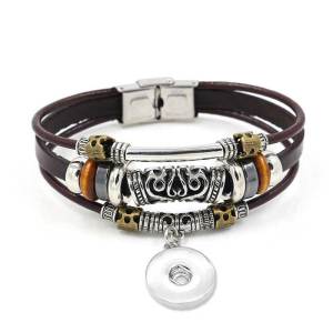 20.5CM Vintage handmade leather beaded strap buckle bracelet unisex bracelet fit18&20MM  snaps jewelry