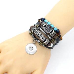 Alloy anchor cowhide bracelet Fashion turquoise beaded multi-layer braided bracelet fit18&20MM  snaps jewelry