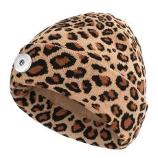 Women's autumn and winter new fashion leopard print woolen hat casual double-layer warm knitted hat fit 18mm snap button jewelry